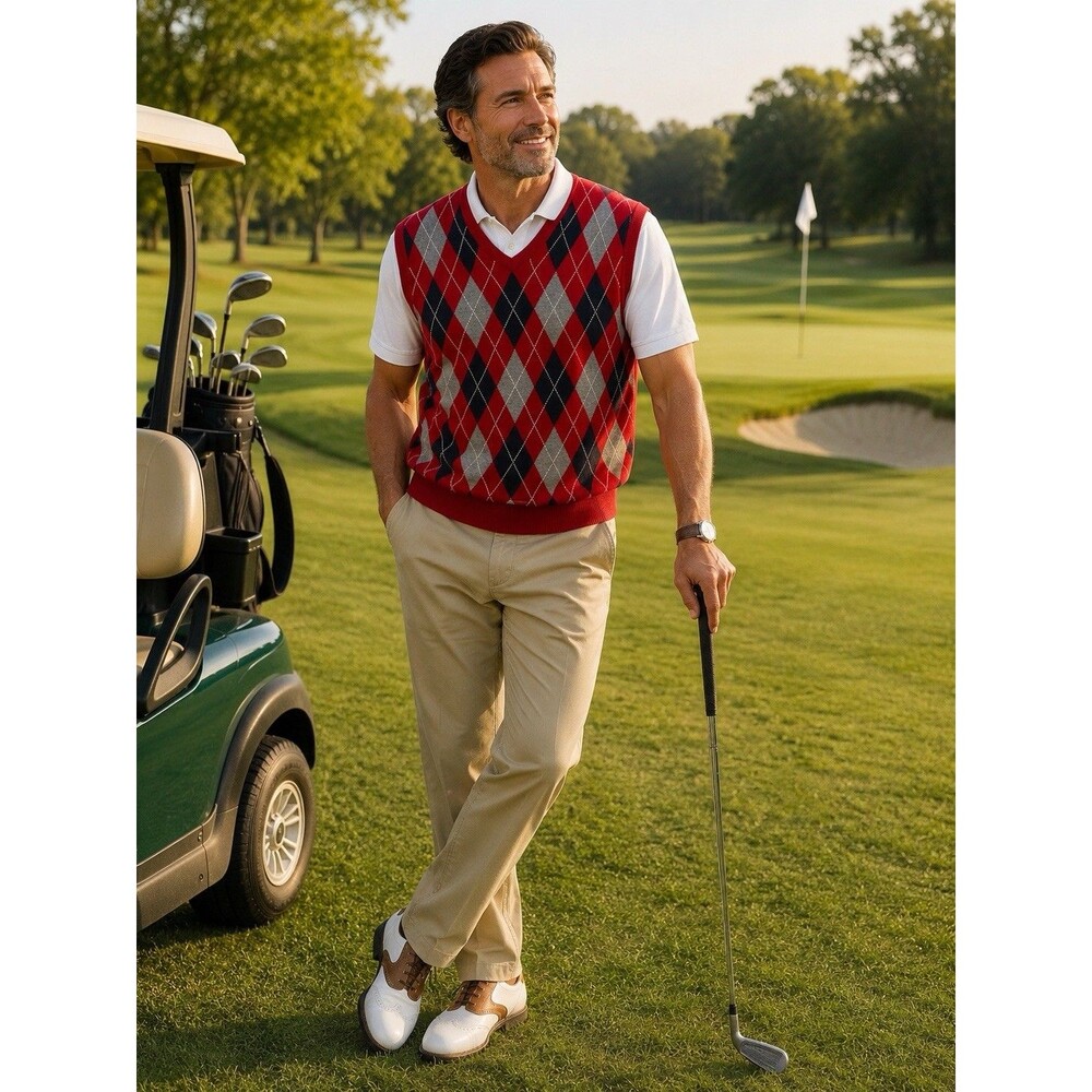 Chaps Mens XL Red Argyle Sweater Vest Cotton V Neck Preppy Golf Classic Dad Gift